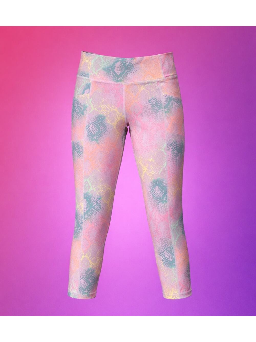 Ladies Small Moisture Wicking Rainbow Print Athletic Capri Pants With Pockets